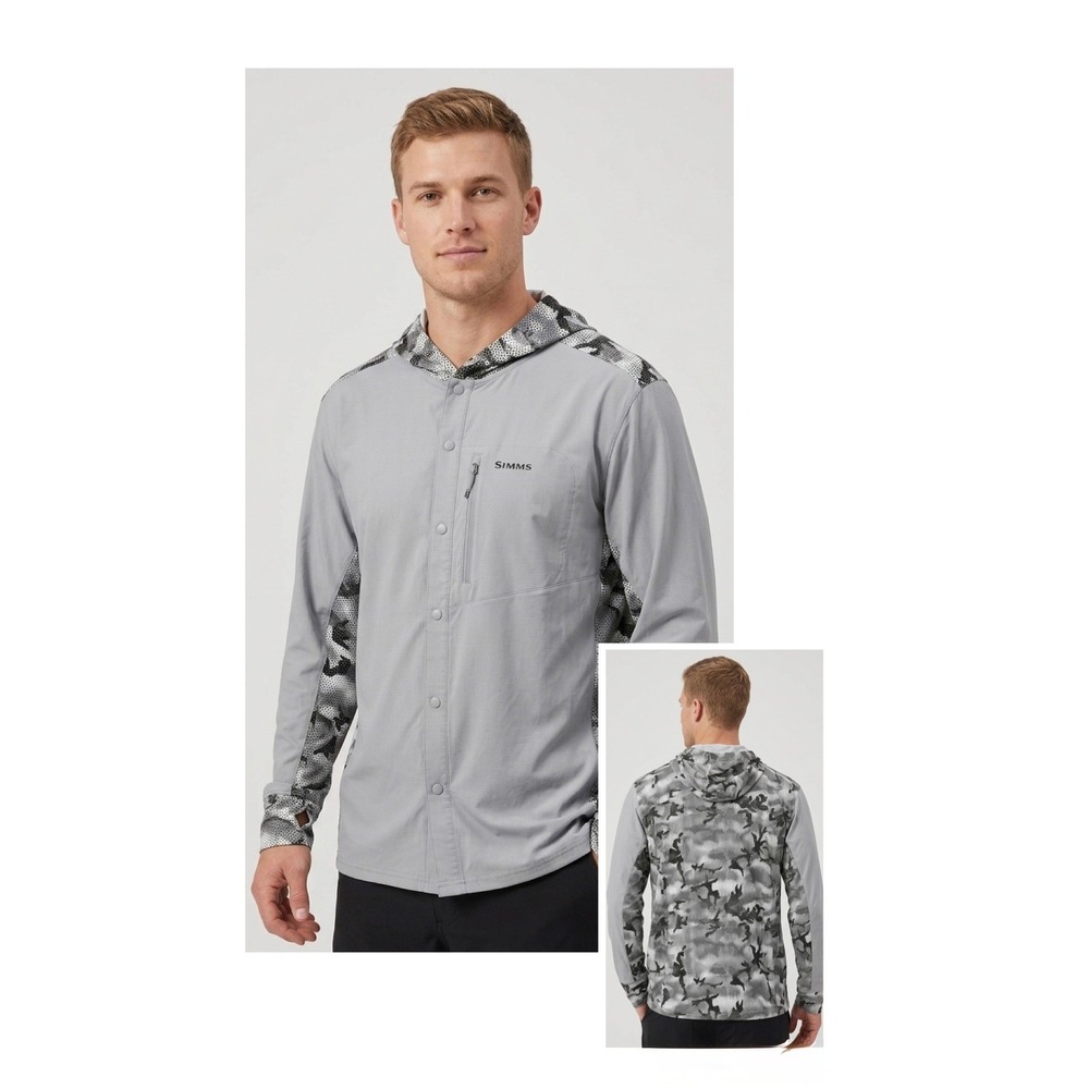 Simms Intruder Hoody Mens XXL Hex Flo Camo Steel Fishing Snap Front Hoodie Grey